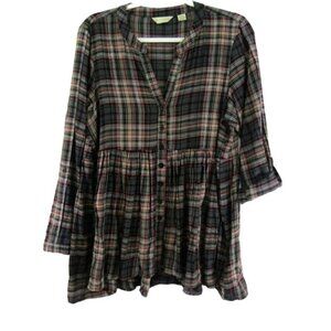 11 1 Tylho Anthropologie Gray Red Plaid Babydoll Button Front Top Sz M Roll Tab